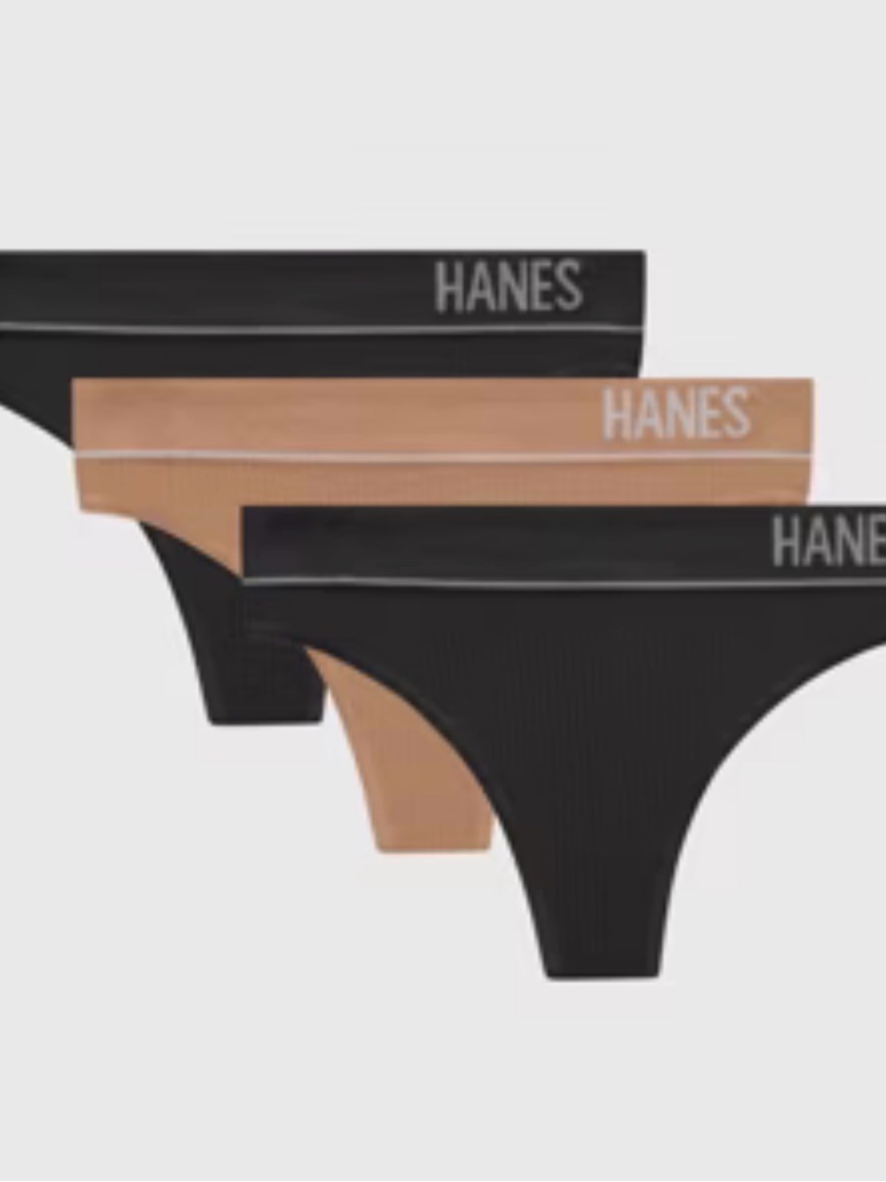 Hanes Women's Black and Nude Ribbed Thong Panty - 3 Pack